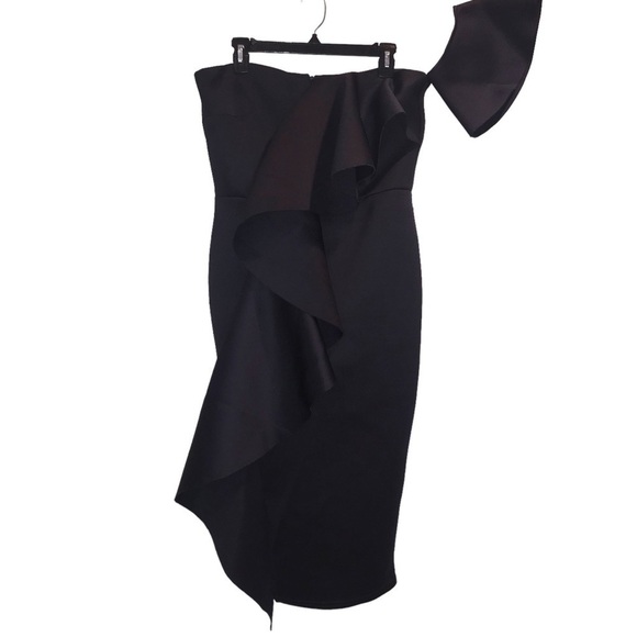 True Violet Ruffle Strapless One Arm Stretch Black MIDI Dress 16 - Picture 1 of 8